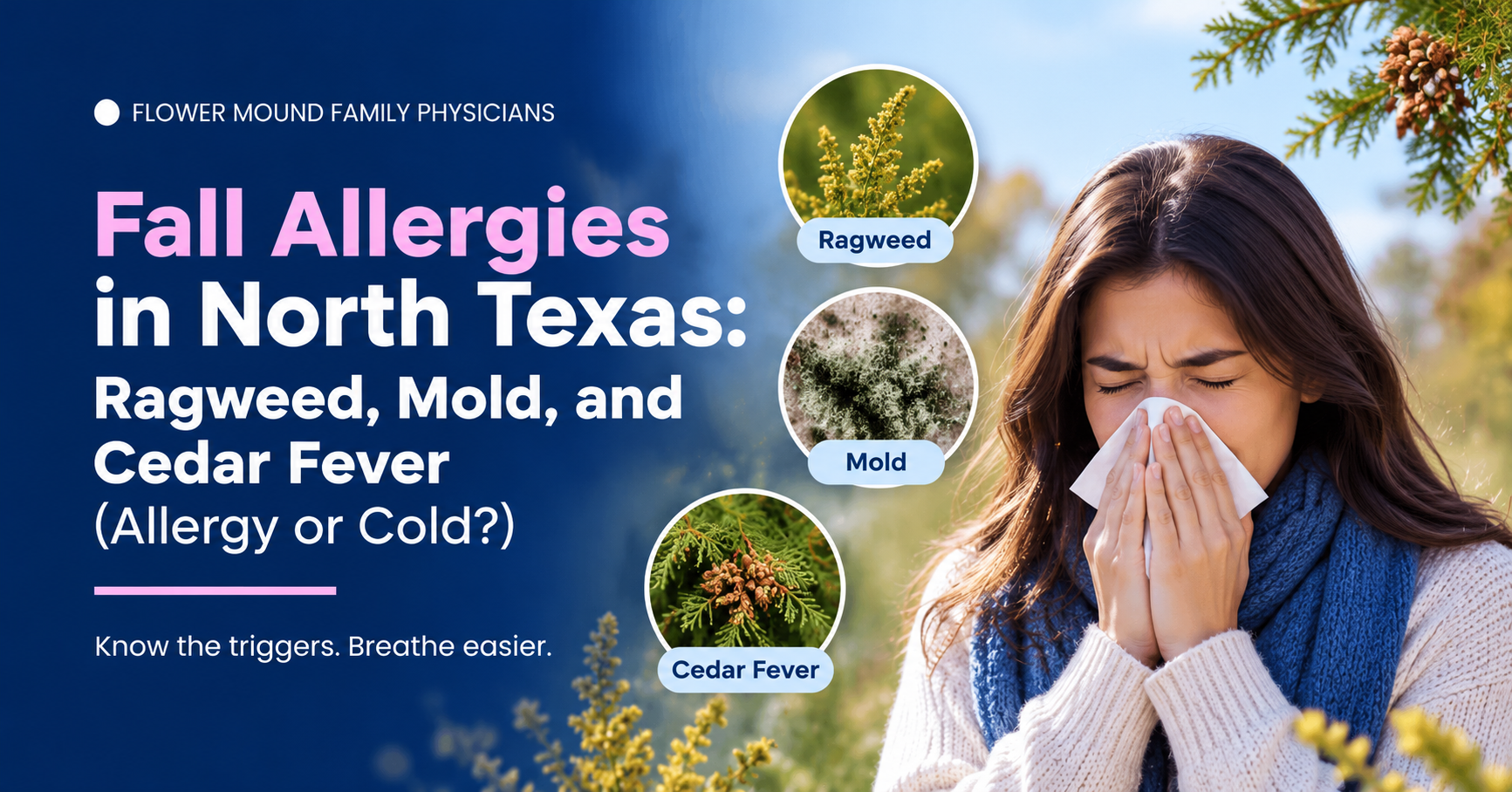 Woman sneezing outdoors among fall leaves during allergy season in Flower Mound, Texas